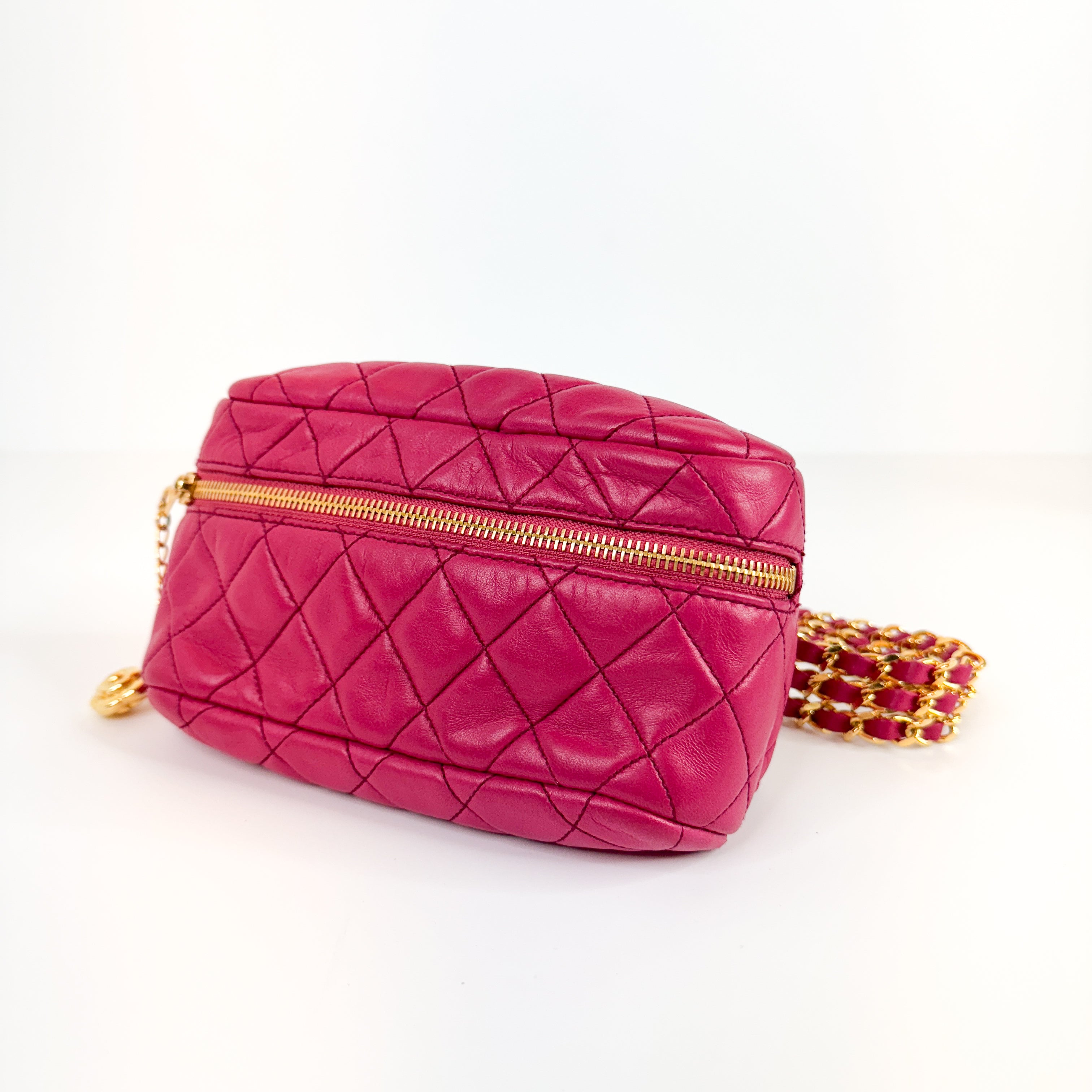 RARE! Pre-Owned Authentic Chanel Hot Pink Vintage Camelia Triple Gold Chain Waist Bag Belt Bag Bum Bag