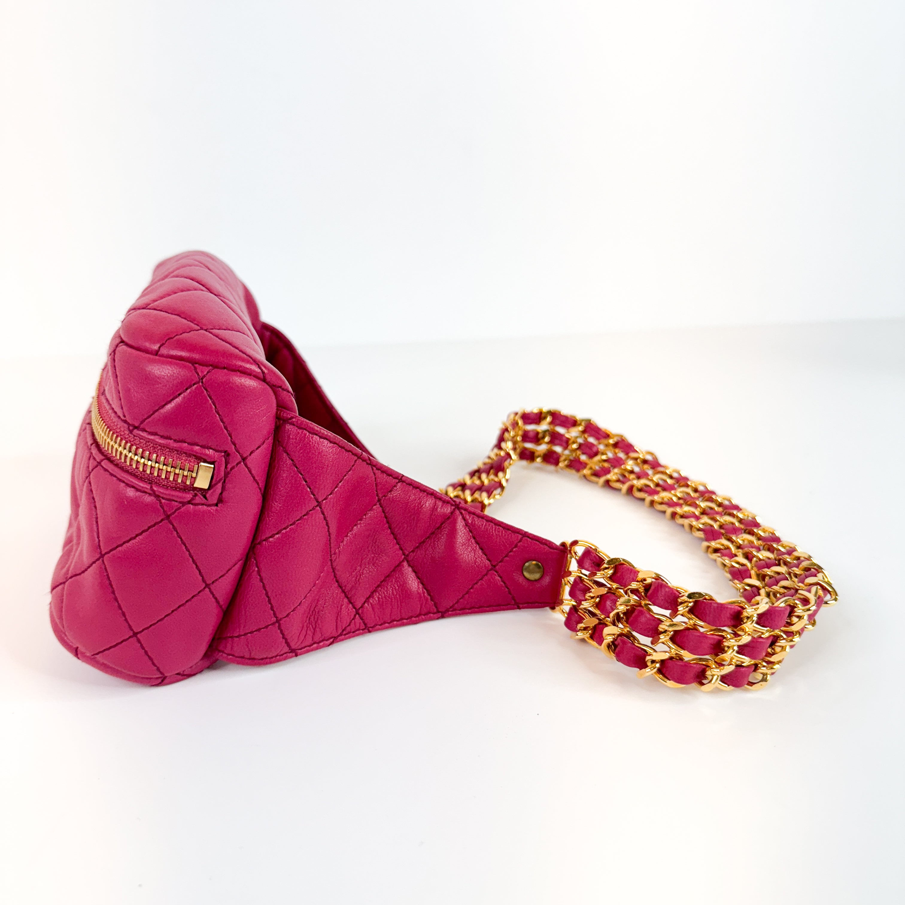RARE! Pre-Owned Authentic Chanel Hot Pink Vintage Camelia Triple Gold Chain Waist Bag Belt Bag Bum Bag