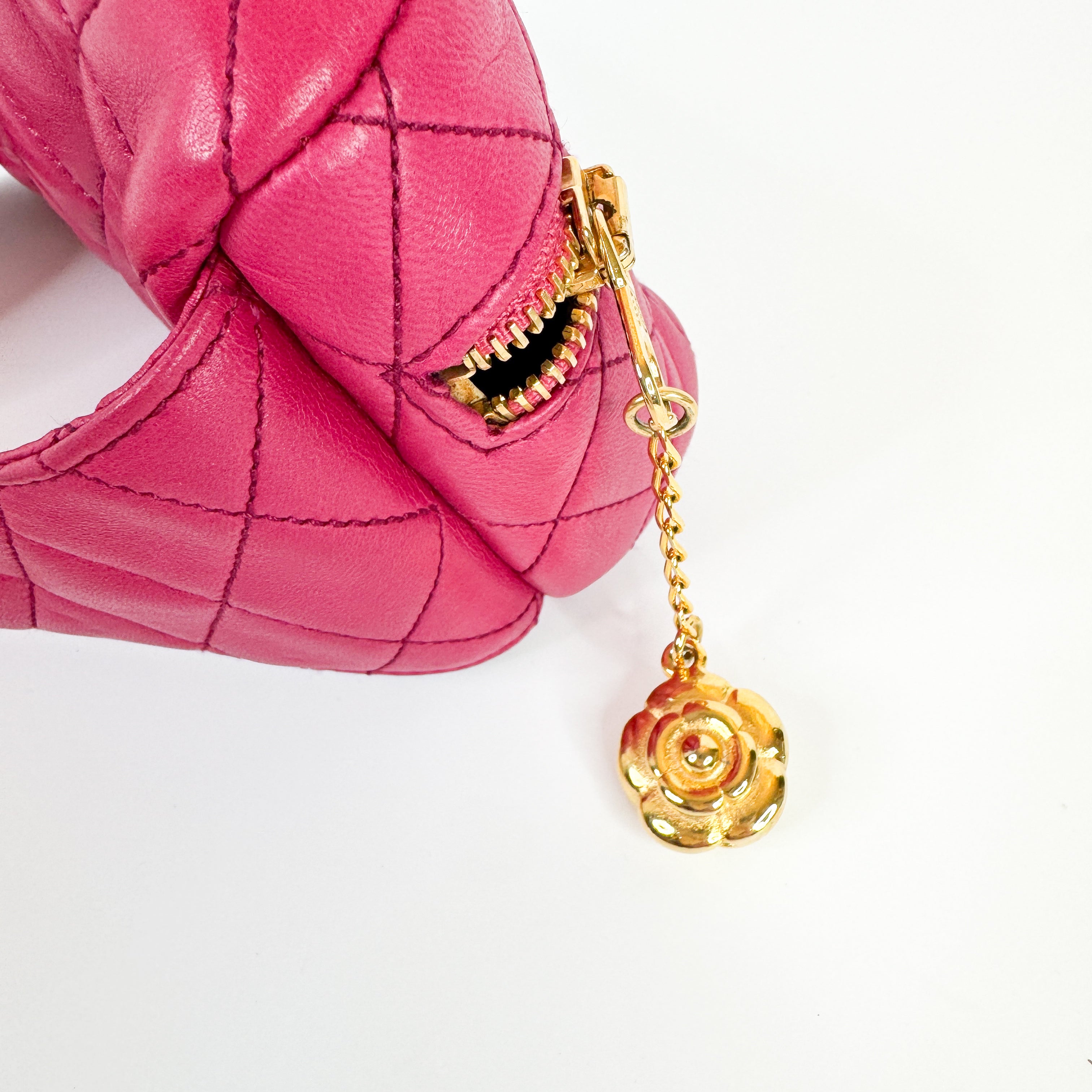 RARE! Pre-Owned Authentic Chanel Hot Pink Vintage Camelia Triple Gold Chain Waist Bag Belt Bag Bum Bag