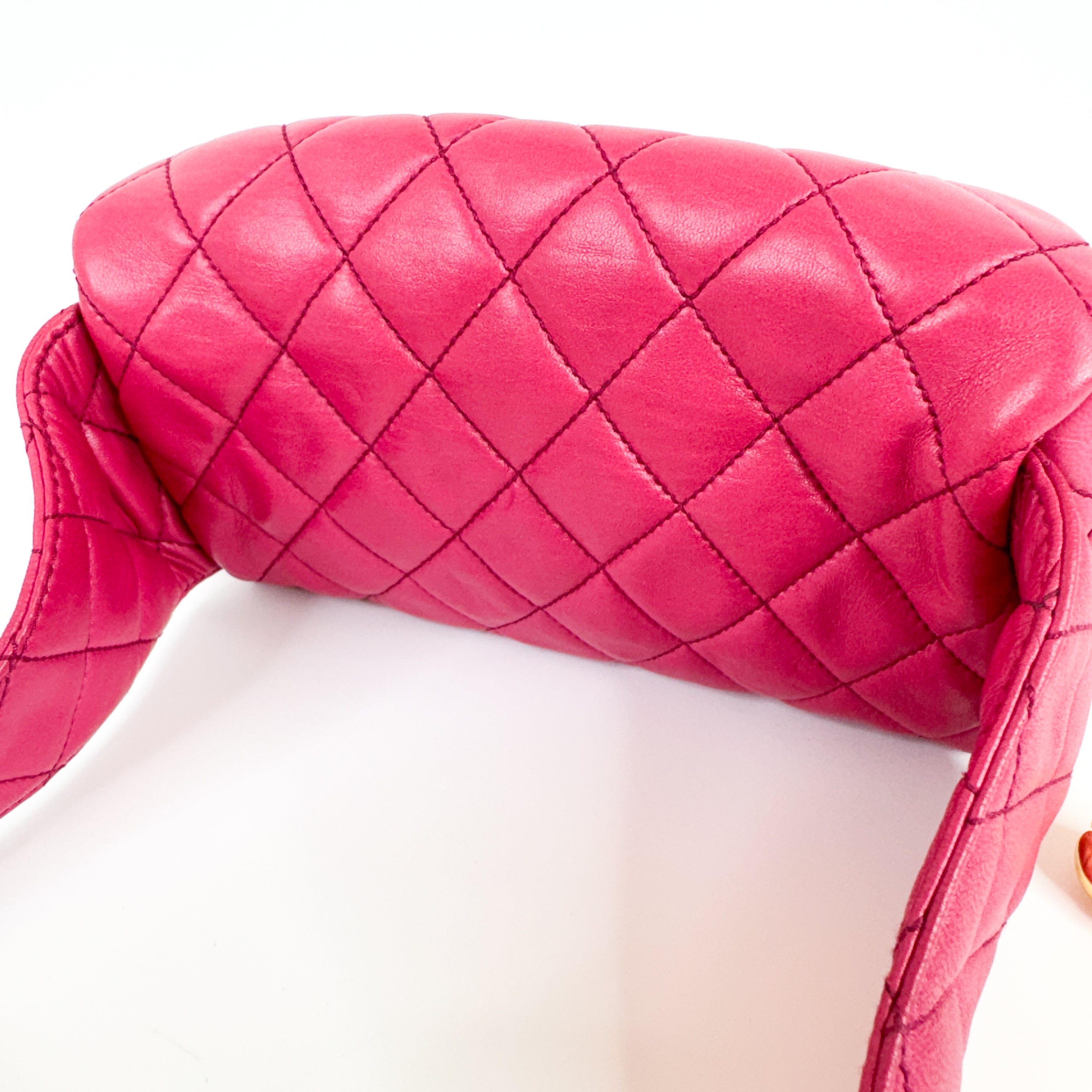 RARE! Pre-Owned Authentic Chanel Hot Pink Vintage Camelia Triple Gold Chain Waist Bag Belt Bag Bum Bag