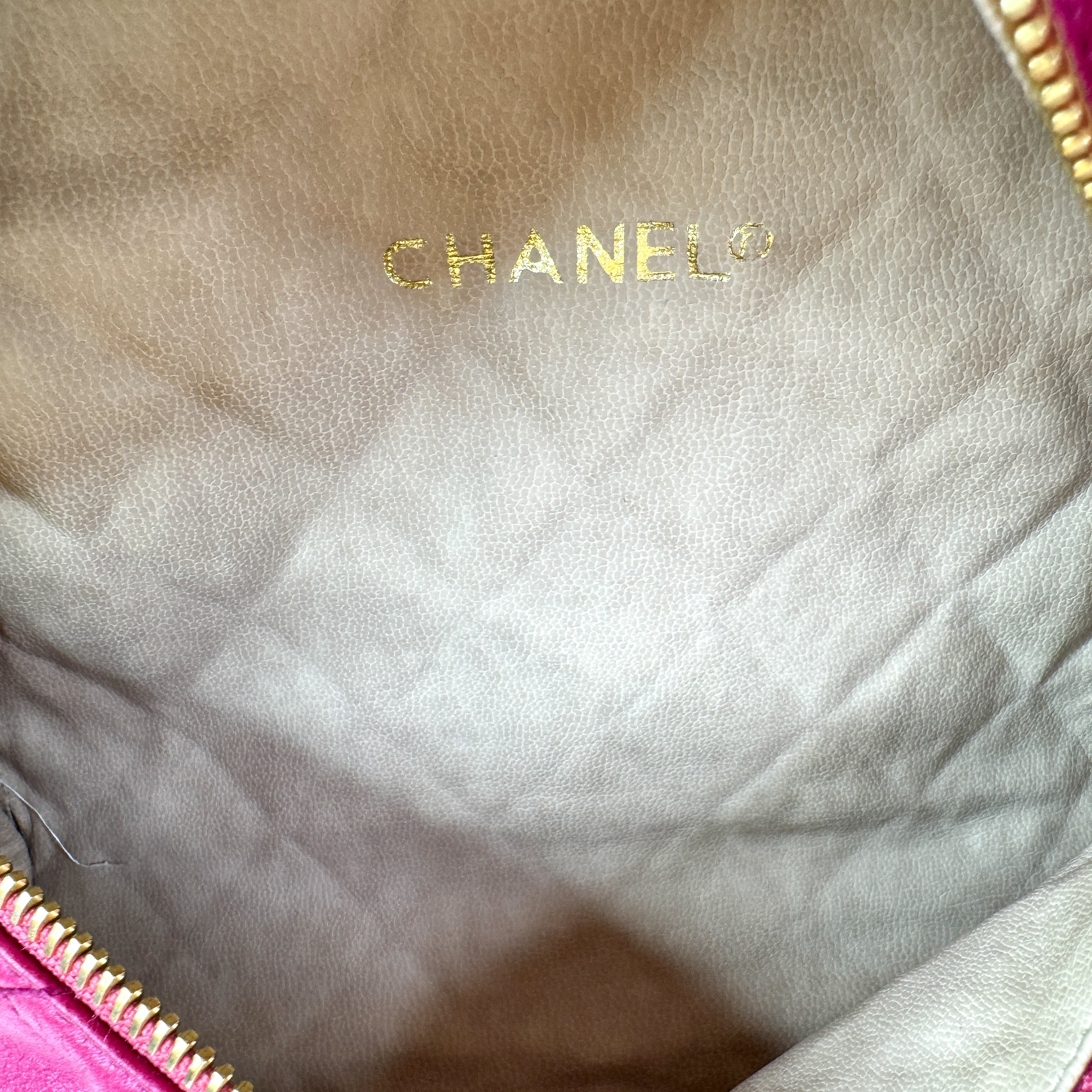 RARE! Pre-Owned Authentic Chanel Hot Pink Vintage Camelia Triple Gold Chain Waist Bag Belt Bag Bum Bag