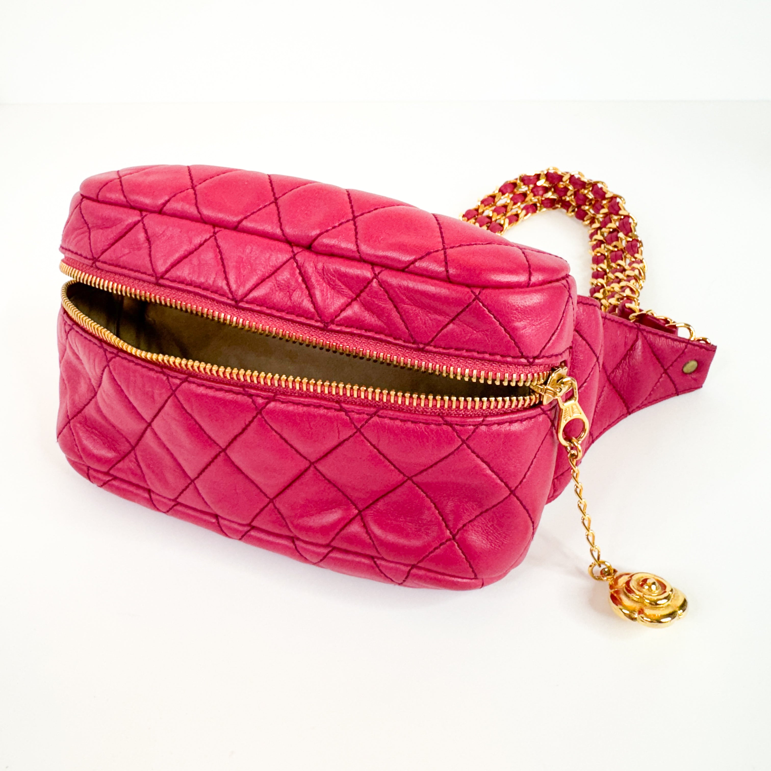 RARE! Pre-Owned Authentic Chanel Hot Pink Vintage Camelia Triple Gold Chain Waist Bag Belt Bag Bum Bag