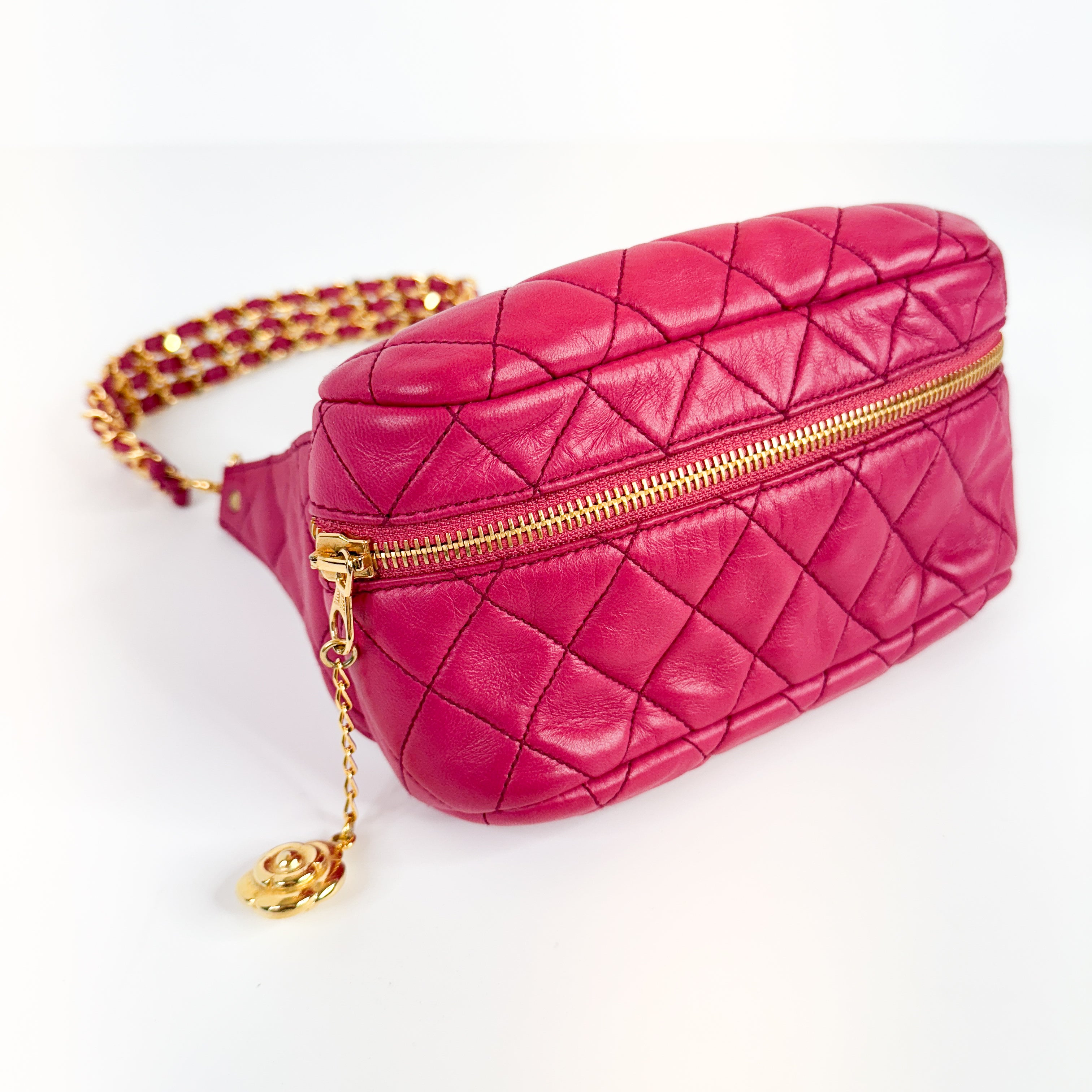 RARE! Pre-Owned Authentic Chanel Hot Pink Vintage Camelia Triple Gold Chain Waist Bag Belt Bag Bum Bag
