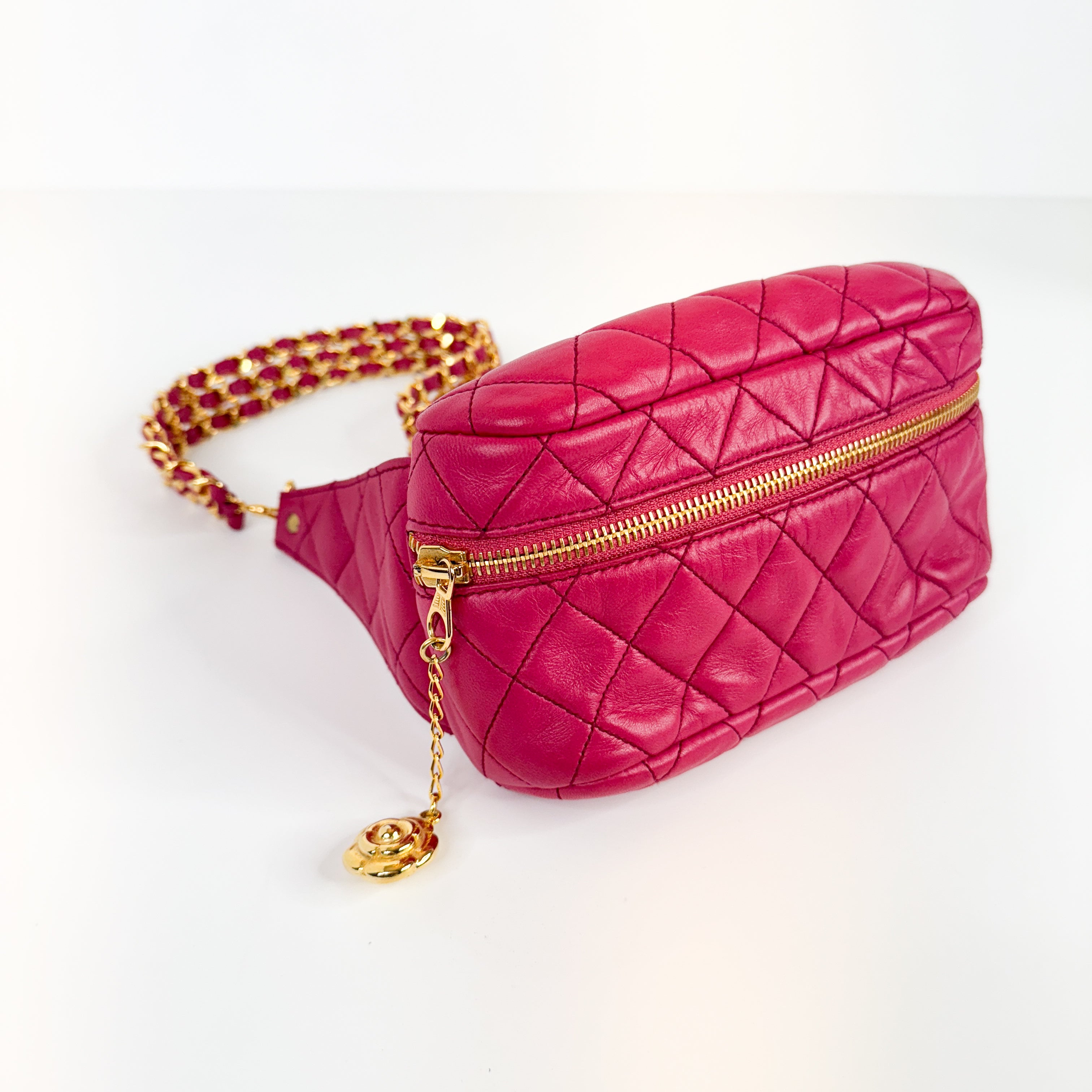 RARE! Pre-Owned Authentic Chanel Hot Pink Vintage Camelia Triple Gold Chain Waist Bag Belt Bag Bum Bag