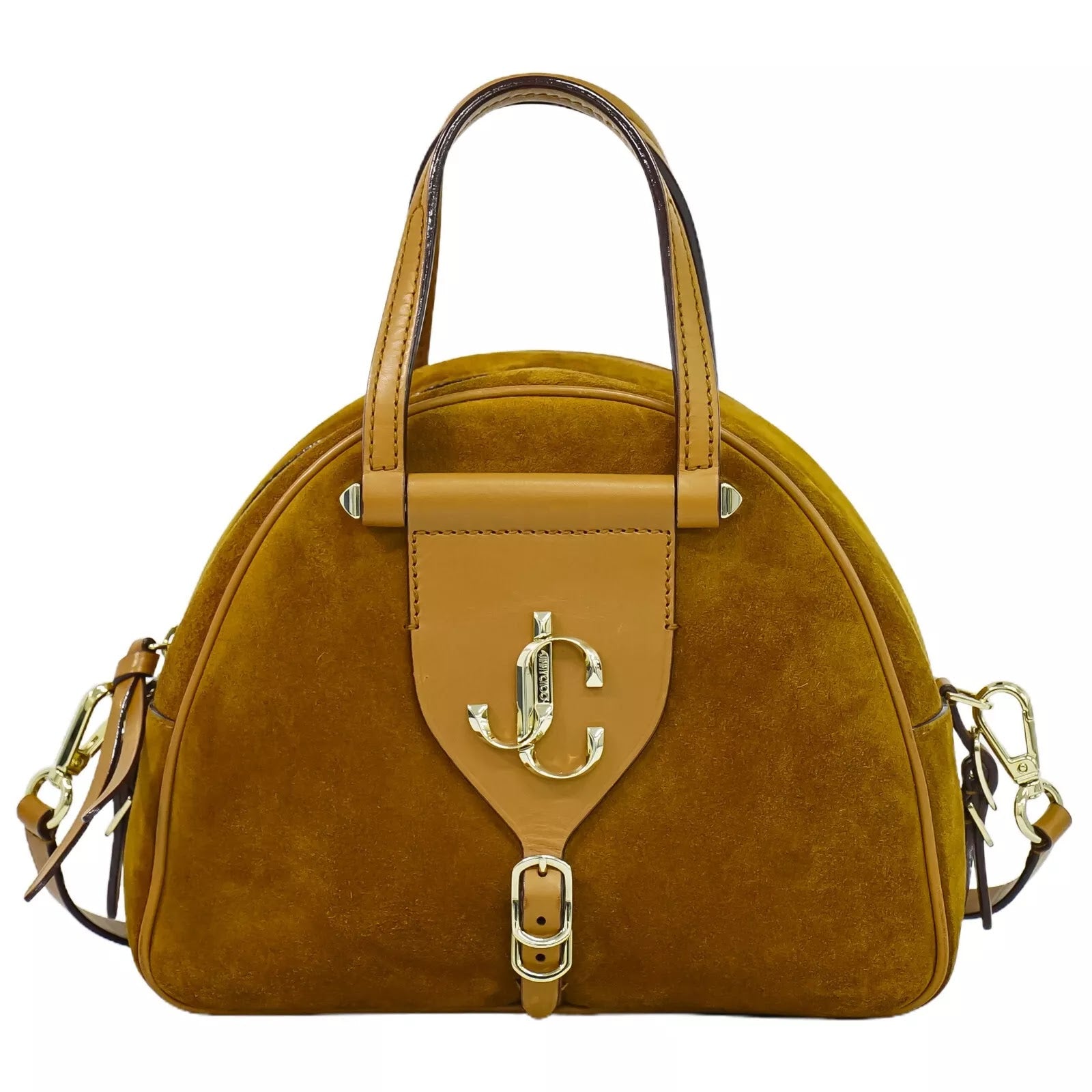 Pre-Owned Authentic Jimmy Choo Varenne Tan Suede Bowling Bag Crossbody with Gold Hardware