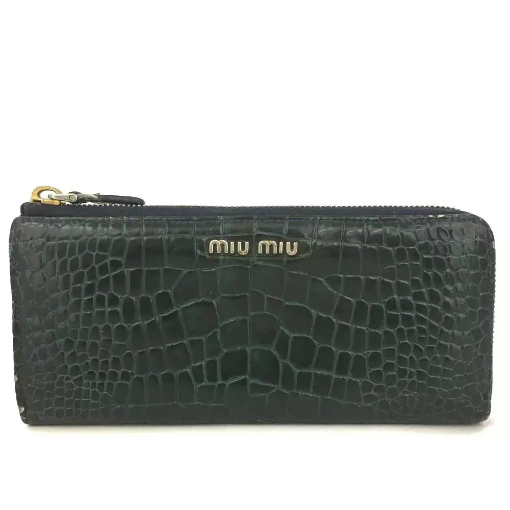 Pre-Owned Authentic Miu Miu Croc Leather Green Zippy Long Wallet